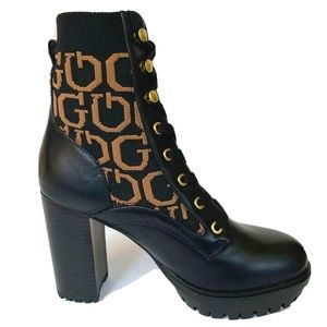 GUESS Women's Grows-R Ankle Boots Knit Logo Platform Black/brown Size 10 shoes